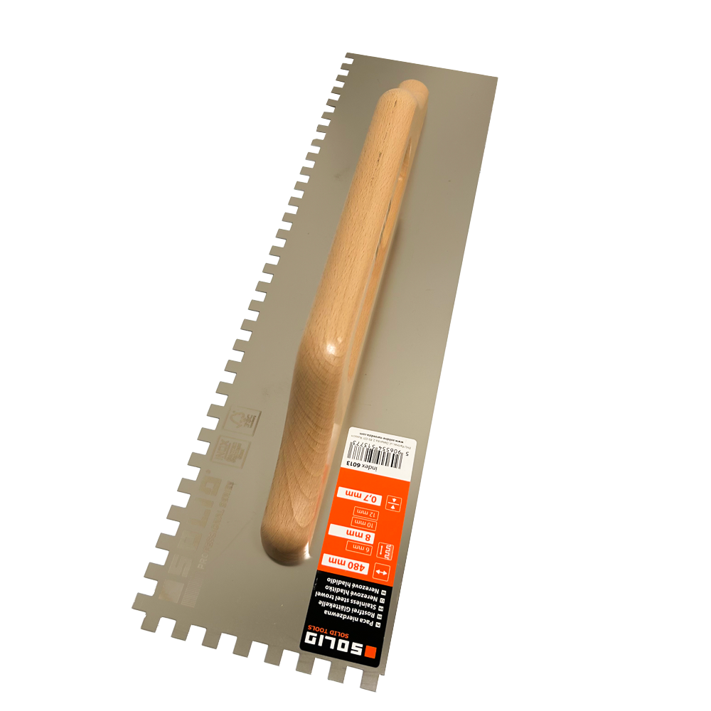 Rostfreie Zahnkelle, rechteck gezahnt, Holzgriff 0,7mm 130*480 mm