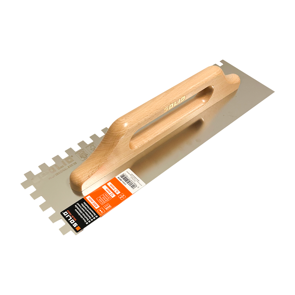 Rostfreie Zahnkelle, rechteck gezahnt, Holzgriff 0,7mm 130*480 mm