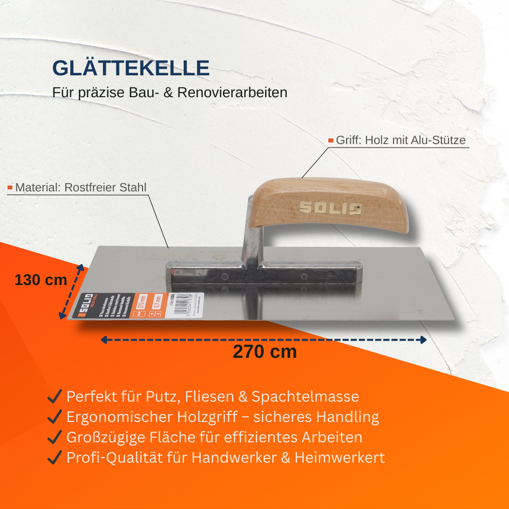 Rostfreie Glättekelle, Traufel Holzgriff 130x270mm