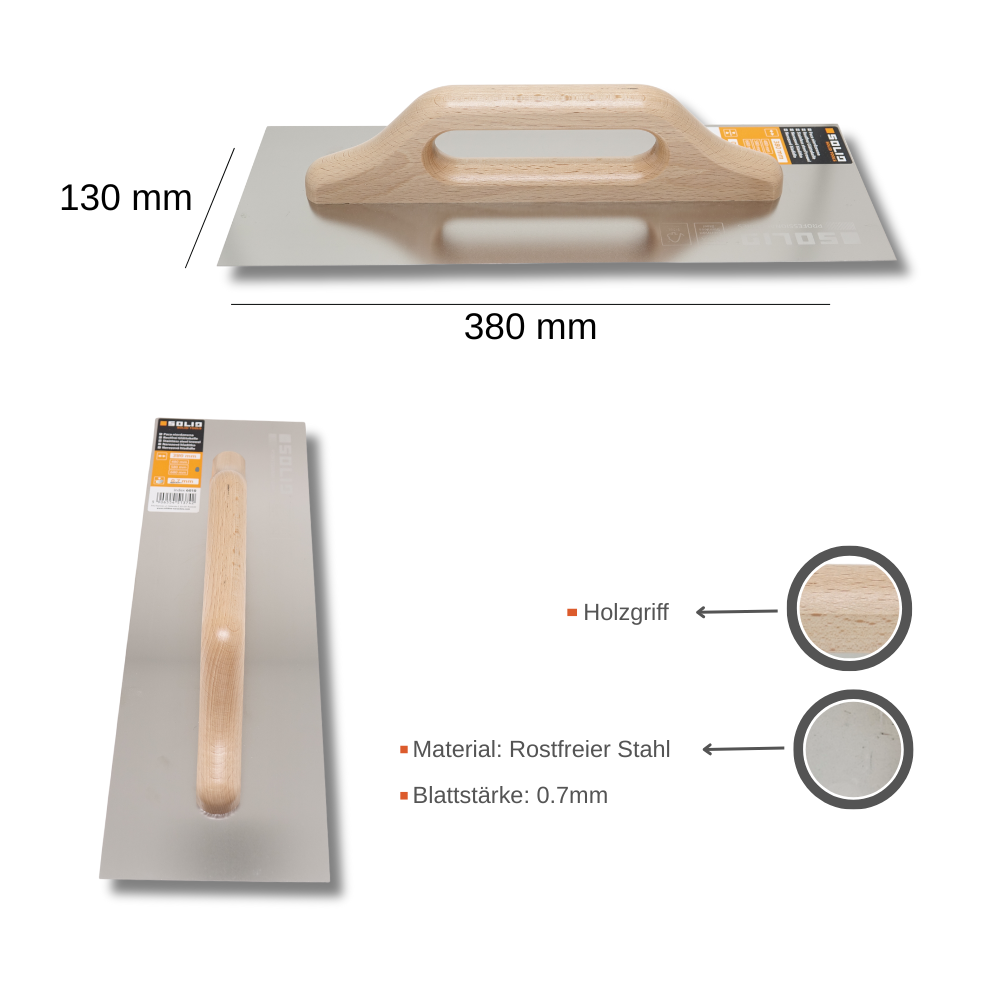 Schweizer Traufel Rostfreie Glättekelle mit Holzgriff, 130 x 380 mm