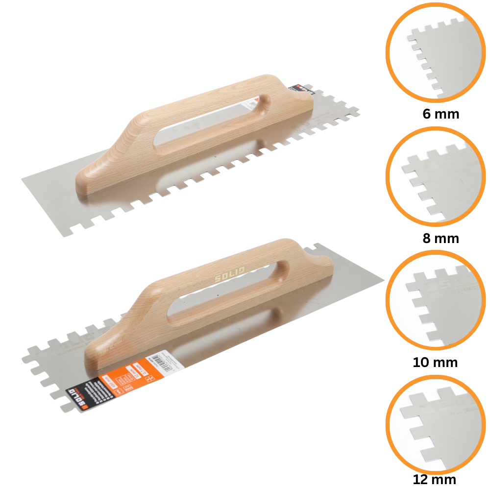 Rostfreie Zahnkelle, rechteck gezahnt, Holzgriff 0,7mm 130*480 mm