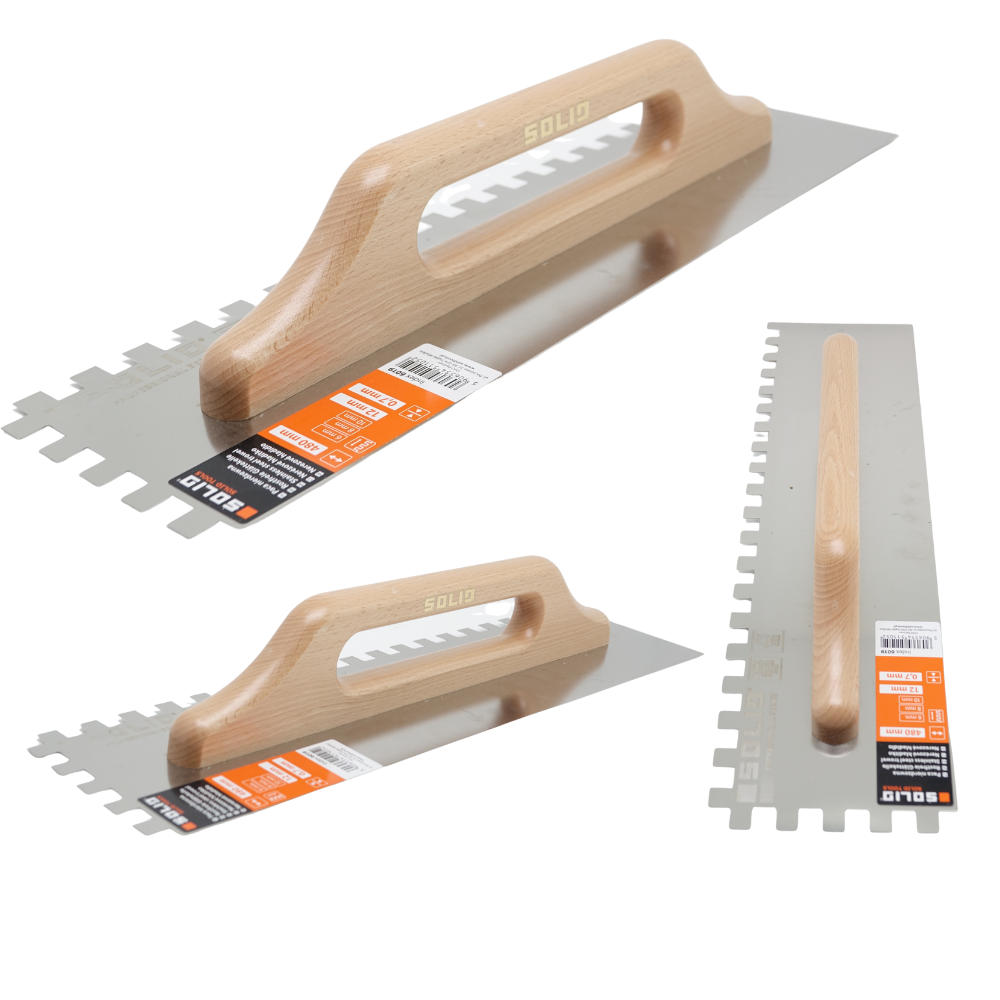 Rostfreie Zahnkelle, rechteck gezahnt, Holzgriff 0,7mm 130*480 mm