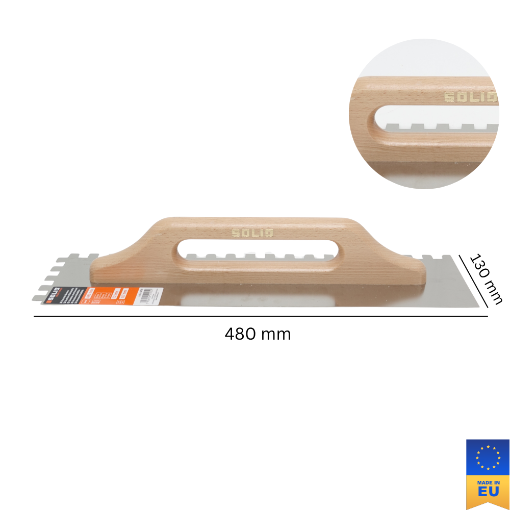 Rostfreie Zahnkelle, rechteck gezahnt, Holzgriff 0,7mm 130*480 mm