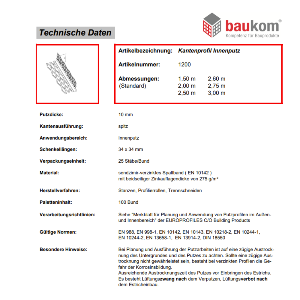 Kantenprofil für Innenputz – 10 mm eckiger Kopf, verzinkt 1200