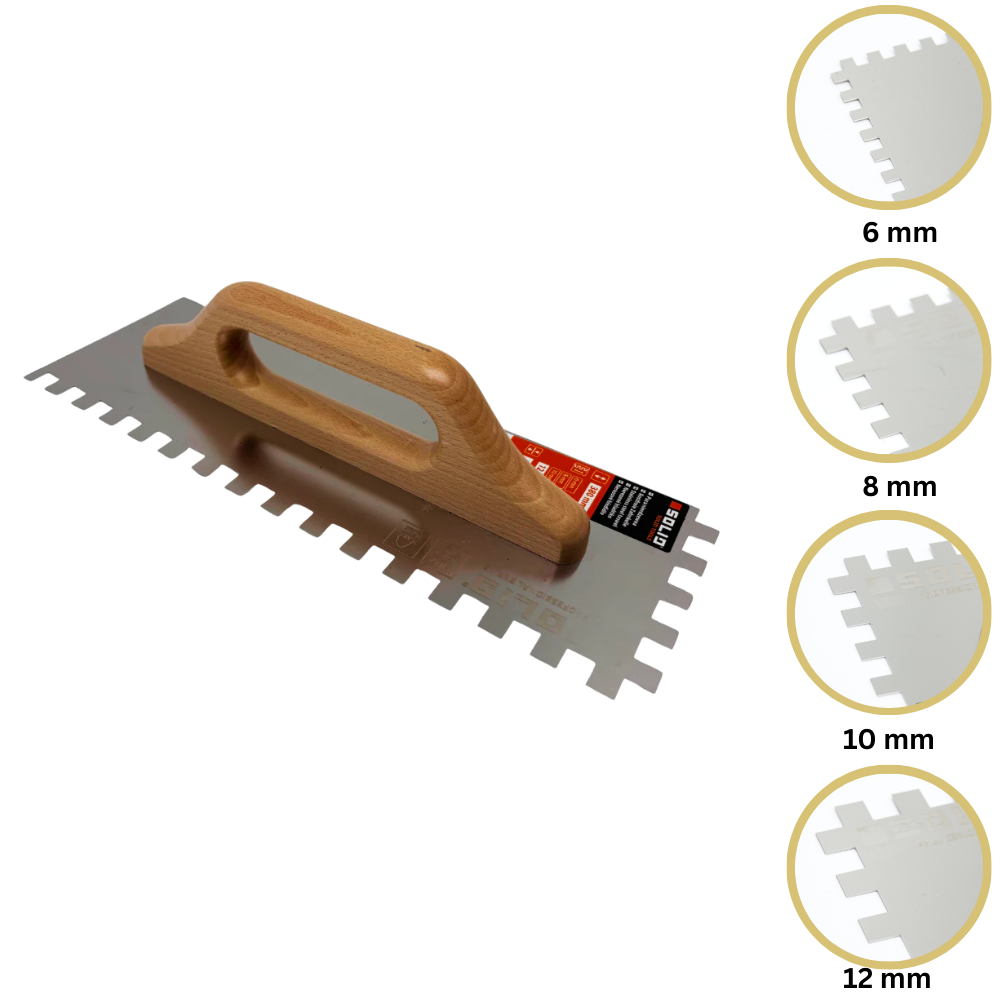 Rostfreie Zahnkelle, Glättekelle gezahnt 380 mm x Zahnung (6-8-10-12mm)