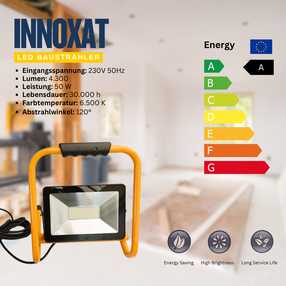 LED Baustrahler SLIM 50 W, 230V, 5 meter Kabel - Scheinwerfer