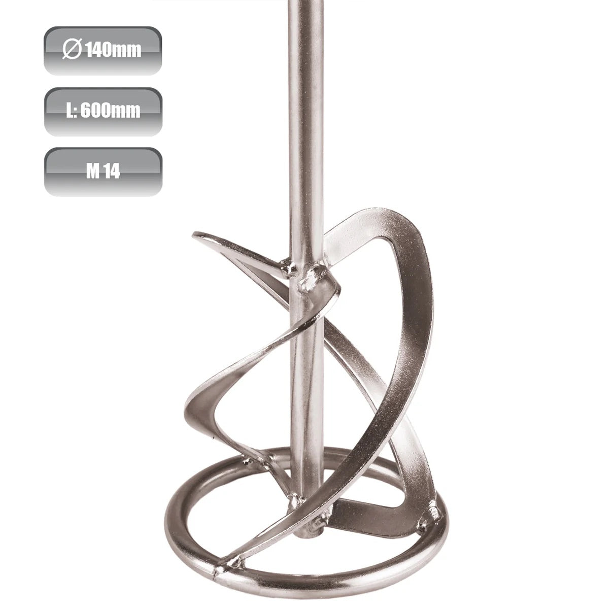 Mortelrührquirl MR 140 G
Länge: 600 mm
Durchmesser: 140 mm
Mischvolumen: 30–60 kg
Volumen: 40–75 l
Werkzeugaufnahme: M14