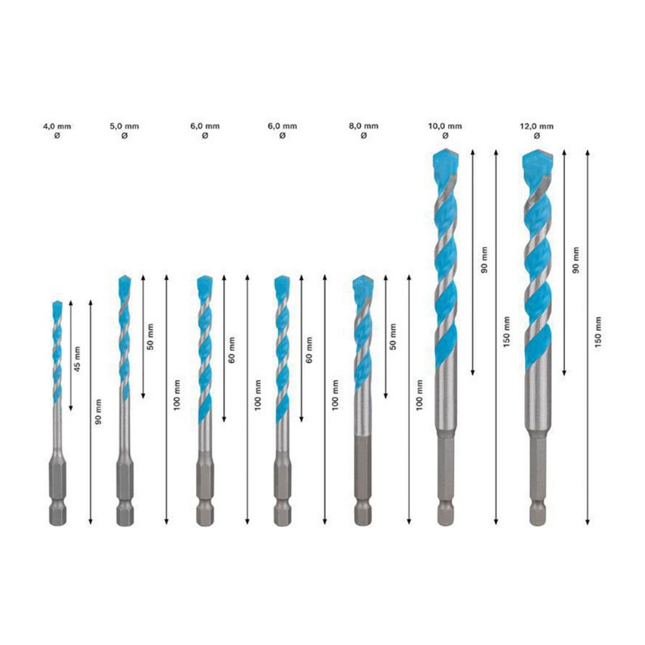 Bohrer-Set EXPERT HEX-9 Multi Construction Arbeitslänge 45/50/60/60/50/90/90 mm 7-teilig – Kunststoffkassette