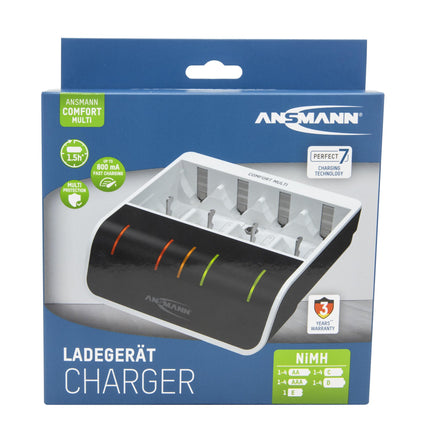 Ansmann – Comfort-Multi Ladegerät mit USB-Eingang für 1-4 NiMH Akkus (AA, AAA, C, D, 9V)