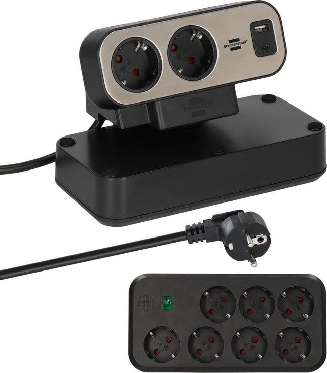 Brennenstuhl – Tischsteckdosenleiste estilo Dublex, 9 Steckdosen, 2 USB-Ports, silber