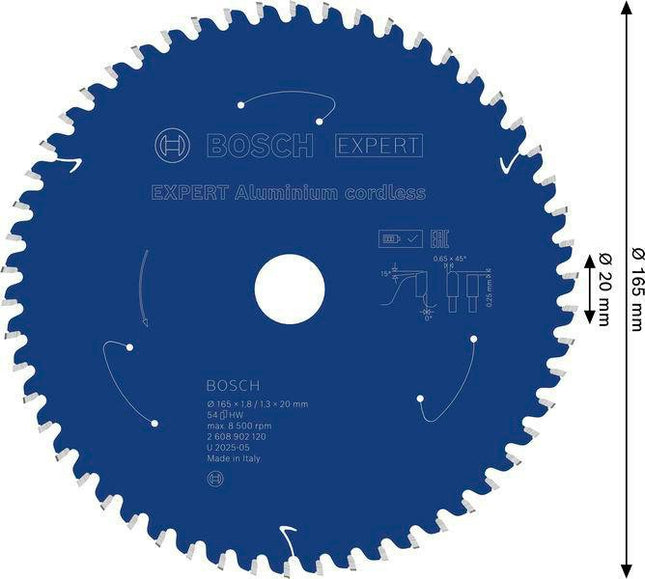 Kreissägeblatt Expert Aluminum AD 165 mm, 54 Zähne, HLTCG, Bohrung 20 mm, Schnittbreite 1,8 mm – BOSCH