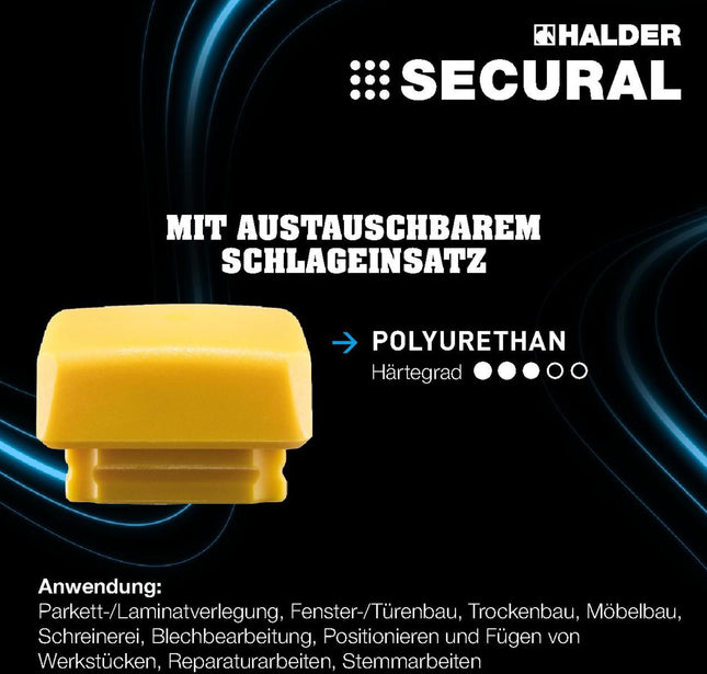 HALDER SECURAL Schonhammer, rückschlagfrei, mittelhart, PU gelb, 30x40mm, Länge 300mm – 680 g