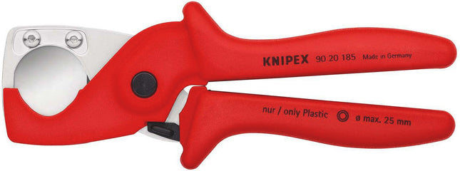 Rohrschneider für Kunststoffrohre und Schläuche bis Ø 25 mm, 185 mm lang, mit Öffnungsfeder und Sperrklinke – KNIPEX