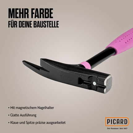 Picard Latthammer Pink Edition Nr. 626M, DIN 7239, Kopfgewicht 600 g, mit Magnet, Stahlrohrstiel, 320 mm