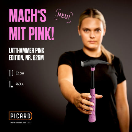 Picard Latthammer Pink Edition Nr. 626M, DIN 7239, Kopfgewicht 600 g, mit Magnet, Stahlrohrstiel, 320 mm