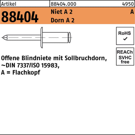 Blindniete R 88404 Flachkopf 3x6 mm, Niet A 2/Dorn A 2, 500 Stück