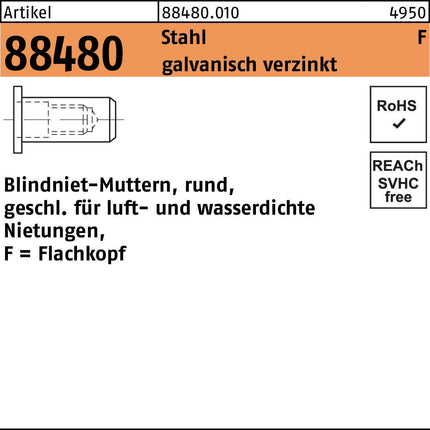 Blindnietmutter R 88480 FLAKO M6 /2,5 -5,5 Stahl galv. verzinkt, 500 Stück