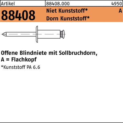 Blindniete R 88408 Flachkopf 4x8 mm, Niet Kunststoff/Dorn Kunststoff, 500 Stück