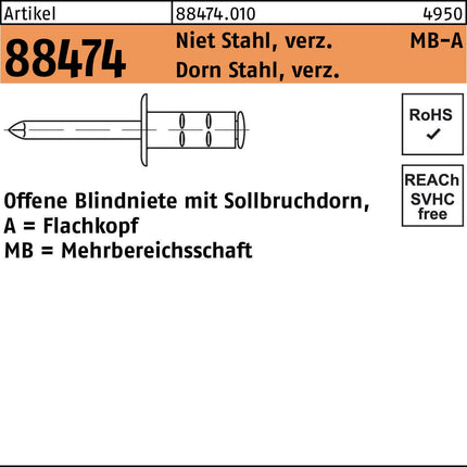 GESIPA Blindniet R 88474 FLAKO 3,2x8 mm – Stahl verzinkt, 1000 Stück