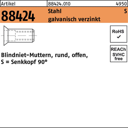 Blindnietmutter R 88424 SEKO M4 /1,5 -3,5 Stahl galv.verz. 500St.