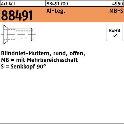 Blindnietmutter R 88491 Senkkopf M8/1,5 - 7,5 Aluminium, 500 Stück