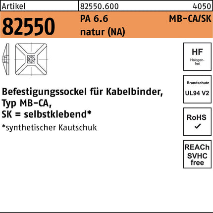 HellermannTyton Befestigungssockel R 82550 für Kabelbinder MB-CA/SK 5,4 mm, PA 6.6 natur, 100 Stück