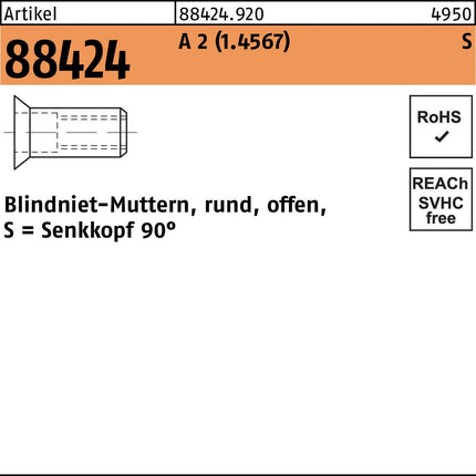 Blindnietmutter R 88424 Senkkopf M5 /1,5 -4,0 A 2 500 Stück