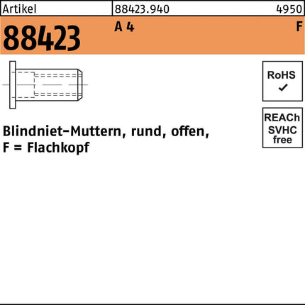 Blindnietmutter R 88423 Flachkopf M5/2,5-4,5 A4, 500 Stück