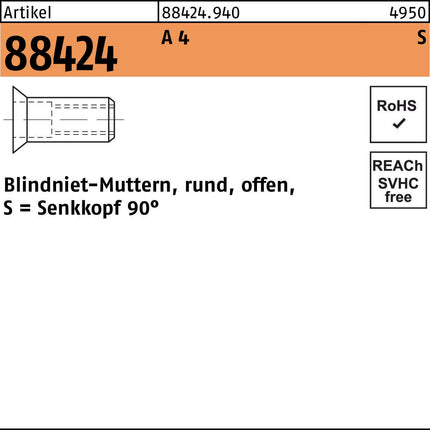 Blindnietmutter R 88424 Senkkopf M5/1,5 - 4,0 A 4, 500 Stück