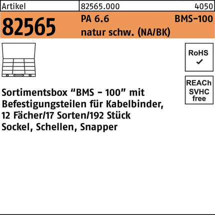 HellermannTyton Sortimentsbox R 82565 für Kabelbinder BMS-100, PA 6.6, natur/schwarz, 1 Stück