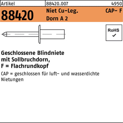 GESIPA Blindniet R 88420 Flachrundkopf 3,2x6 mm – Cu-Legierung / Dorn A 2, 500 Stück