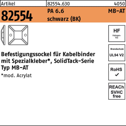 HellermannTyton Befestigungssockel R 82554 MB-AT 19x19 mm, PA 6.6, schwarz, 100 Stück