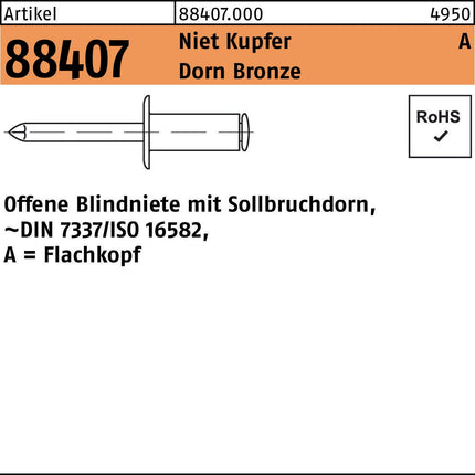 Blindniete R 88407 Flachkopf 3x4 mm, Kupfer/Bronze, 500 Stück