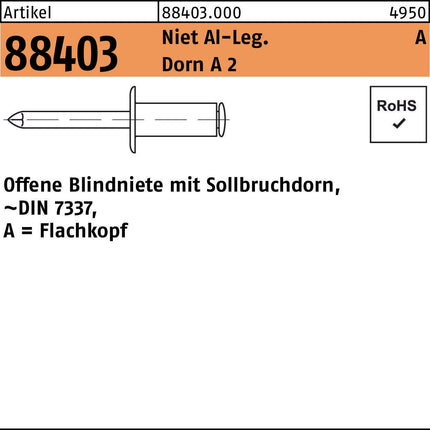 Blindniete R 88403 Flachkopf 3 x 4 mm, Aluminium/Dorn A 2, 500 Stück