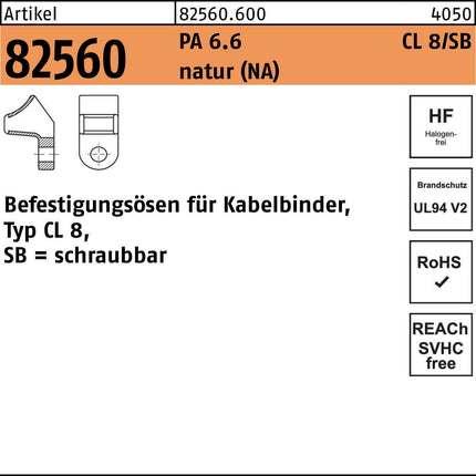 HellermannTyton Befestigungsösen R 82560 für Kabelbinder Typ CL 8/SB, PA 6.6 natur, 100 Stück
