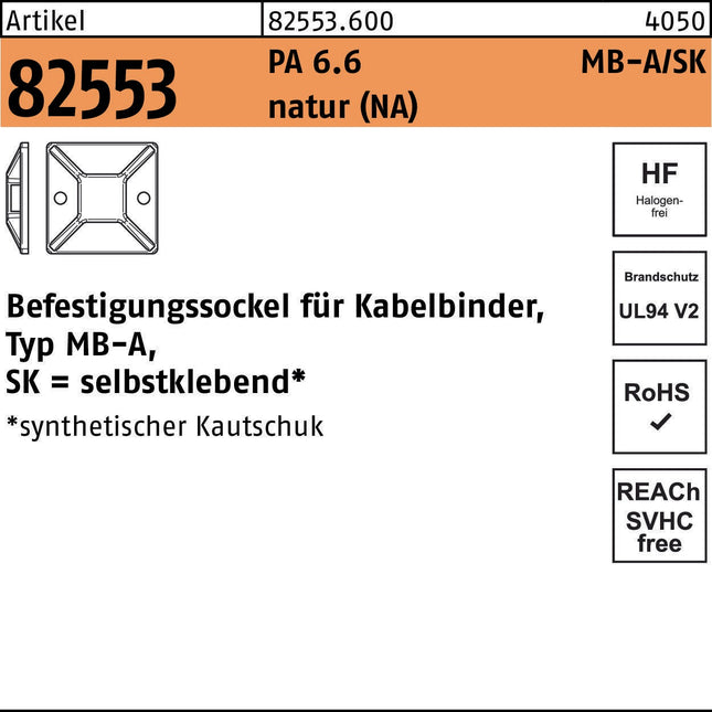 HellermannTyton Befestigungssockel R 82553 5,4 mm PA 6.6 natur, 100 Stück – (NA)