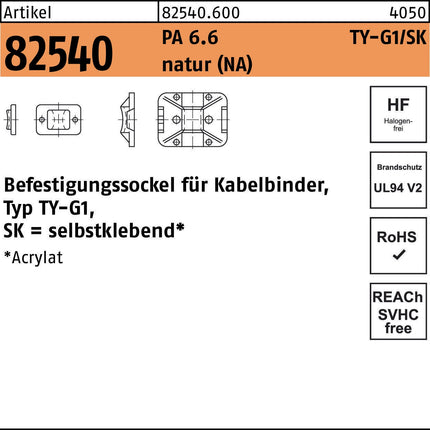 HellermannTyton Befestigungssockel R 82540 für Kabelbinder Typ TY-G1/SK, PA 6.6, natur, 100 Stück