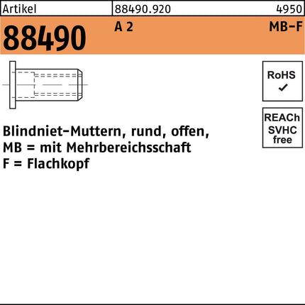 Blindnietmutter R 88490 Flachkopf M6/0,5-6,0 Stahl galvanisch verzinkt, 500 Stück