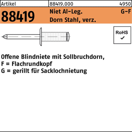 Blindniete R 88419 Flachrundkopf 3,2x10 Niet Aluminium/Dorn Stahl verz. 500 Stück