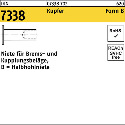 Niete DIN 7338 Form B 3 x 8 Kupfer, 100 Stück
