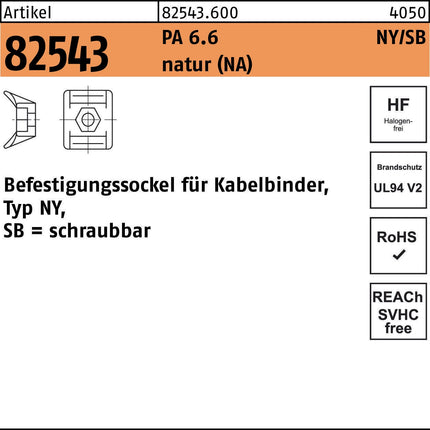 HellermannTyton Befestigungssockel R 82543 für Kabelbinder NY/SB 8, PA 6.6 natur, 1000 Stück