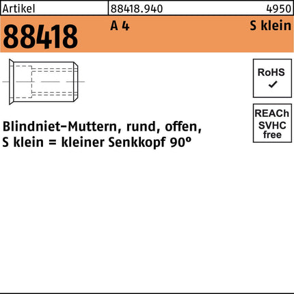 Blindnietmutter R 88418 Senkkopf M5/0,25 - 3,0 A 4, 500 Stück