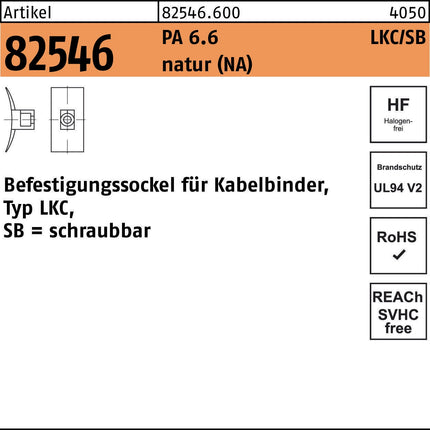 HellermannTyton Befestigungssockel R 82546 für Kabelbinder Typ LKC/SB, PA 6.6 natur, 100 Stück
