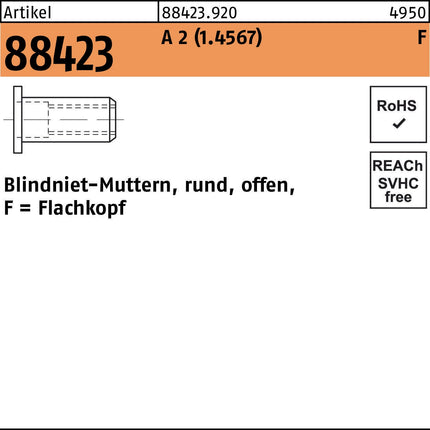 Blindnietmutter R 88423 Flachkopf M6 / 3,0-5,5 A 2 (1.4567) - 250 Stück