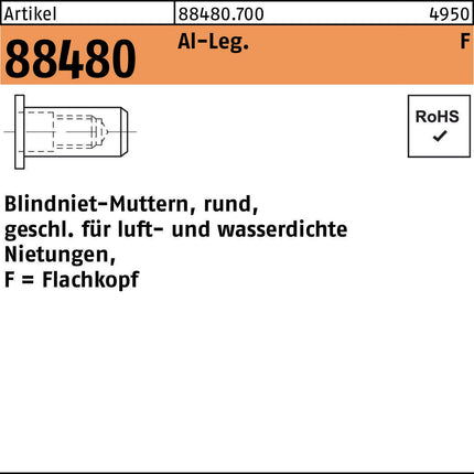 Blindnietmutter R 88480 FLAKO M5 /3,0 -4,0 Aluminium 500 Stück