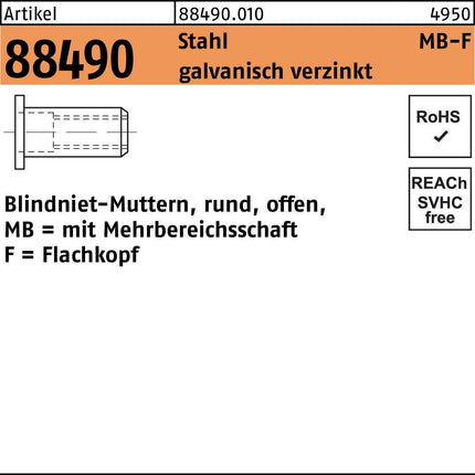 Blindnietmutter R 88490 Flachkopf M5/0,5 - 6,0 Stahl galvanisch verzinkt, 500 Stück