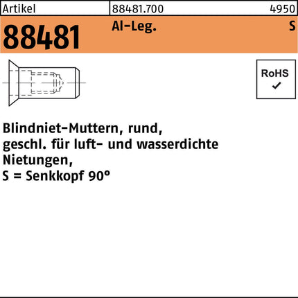 Blindnietmutter R 88481 SEKO M6 /1,5 -4,5 Aluminium 500 Stück
