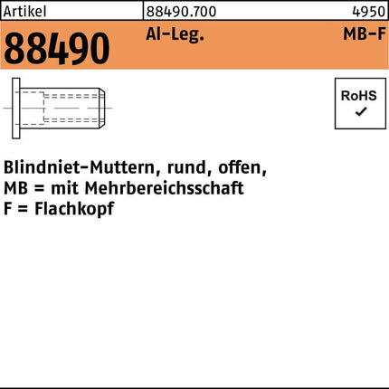 Blindnietmutter R 88490 Flachkopf M6/0,5 - 6,0 Aluminium, 500 Stück