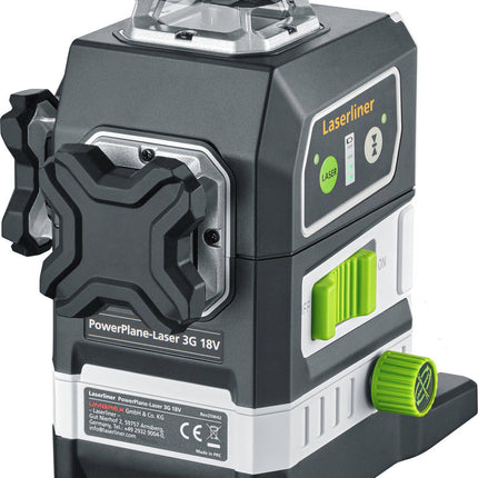 LASERLINER Kreuzlinienlaser PowerPlane-Laser 3G Multi-18V – grüne Laserlinien, ±0,2 mm/m, Laserklasse 2