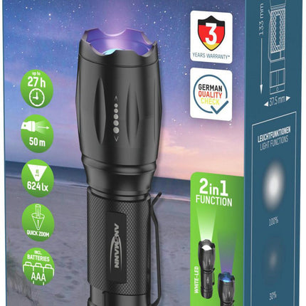 ANSMANN LED-Taschenlampe Action 400 UV, 90/24 Lumen, 3x AAA, schwarz